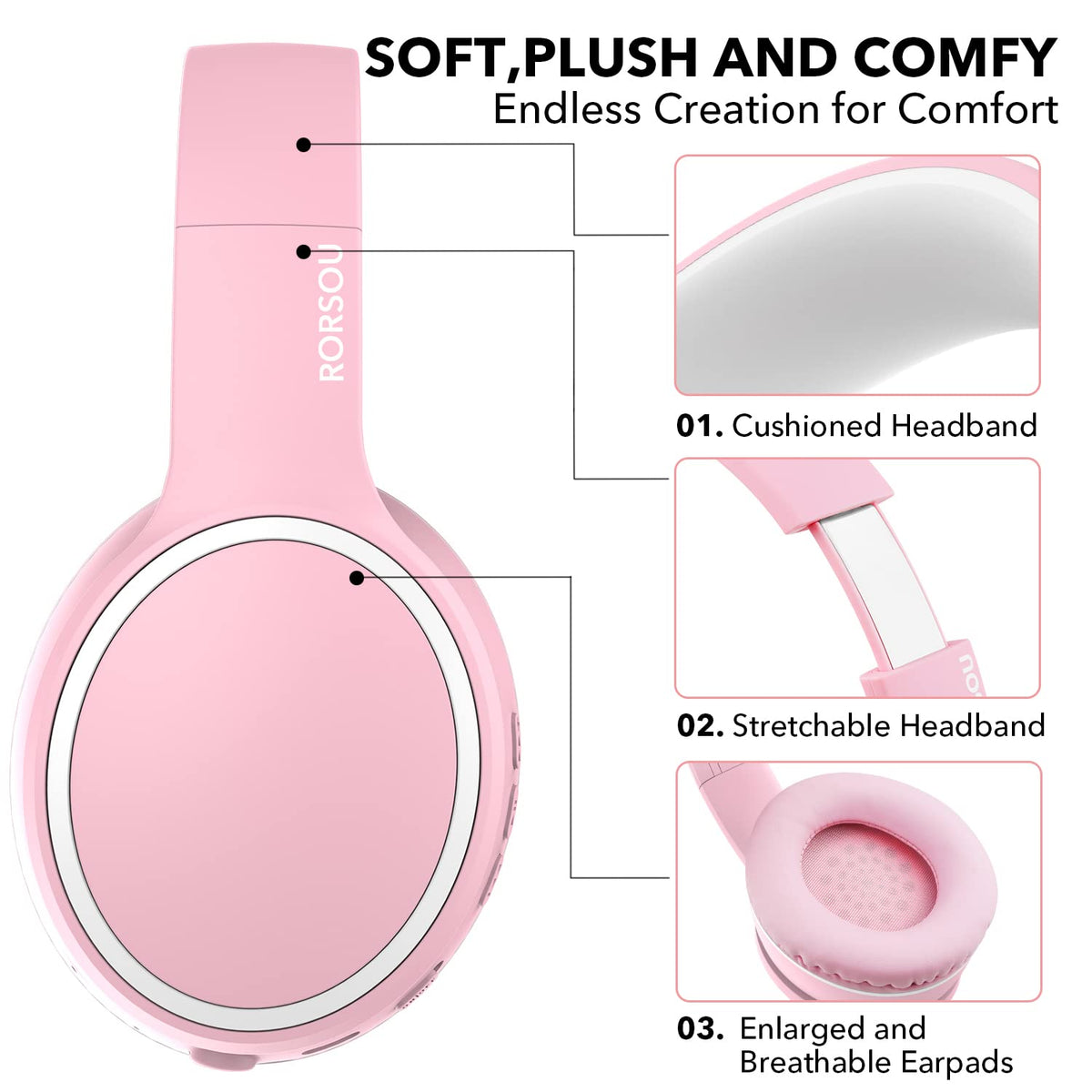 RORSOU B10 pink Bluetooth 5.3 with dual-device pairing for seamless switching.