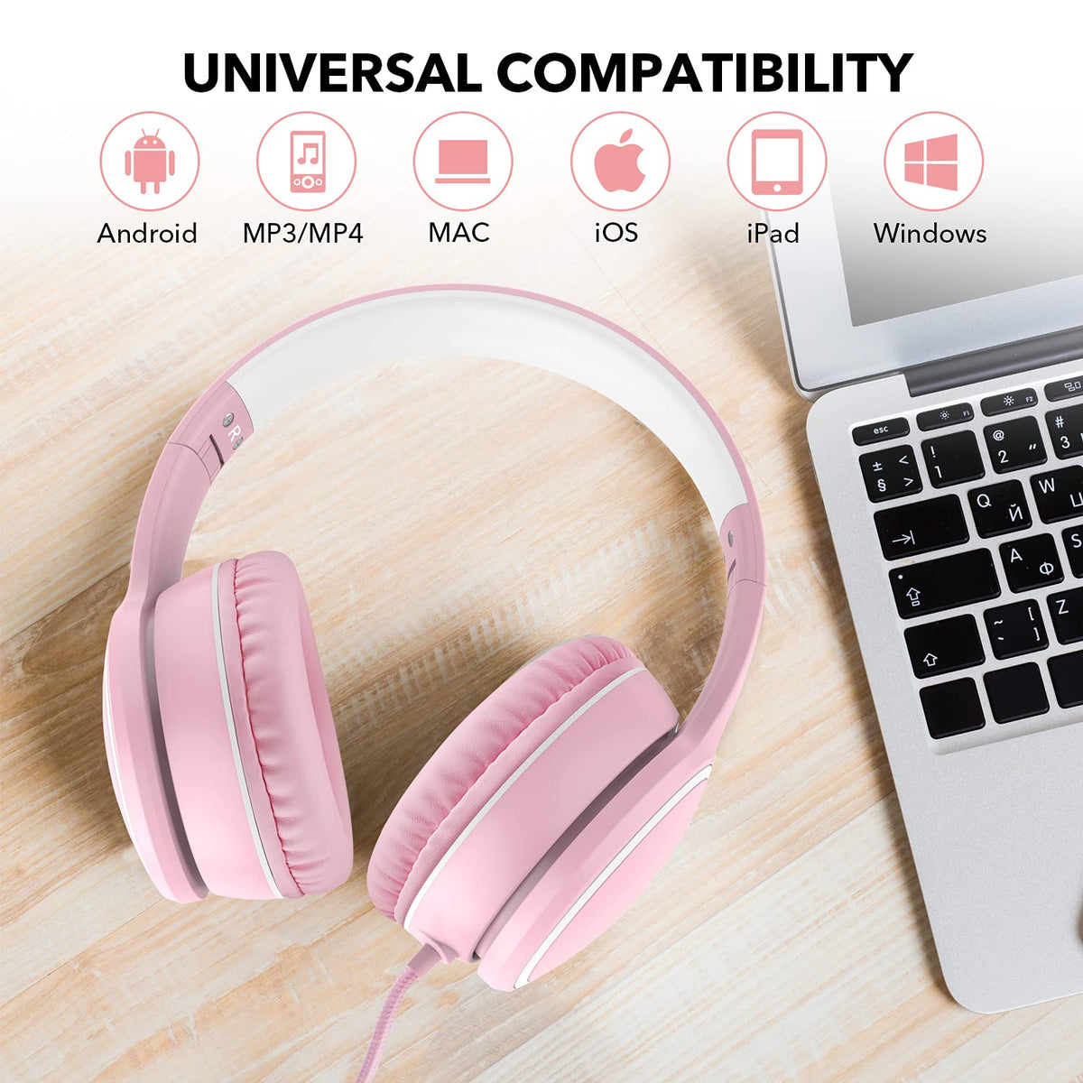 RORSOU R10 headphones pink adjustable headband supports versatile device use.