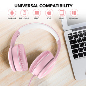 RORSOU R10 headphones pink adjustable headband supports versatile device use.