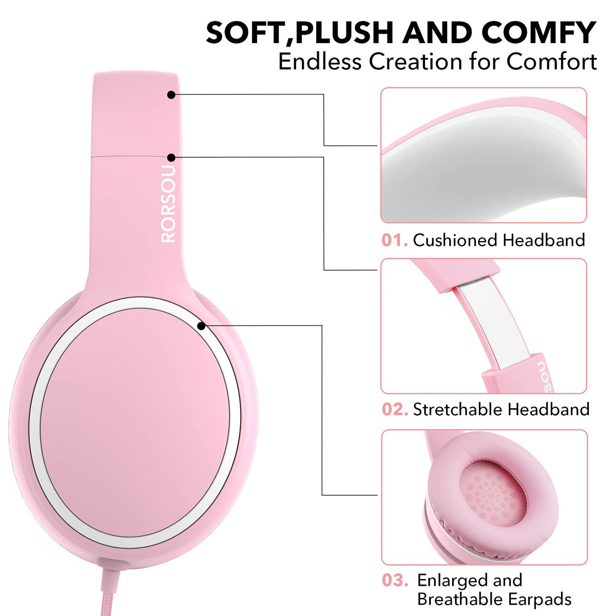 RORSOU R10 headphones pink foldable design ideal for compact travel and storage.