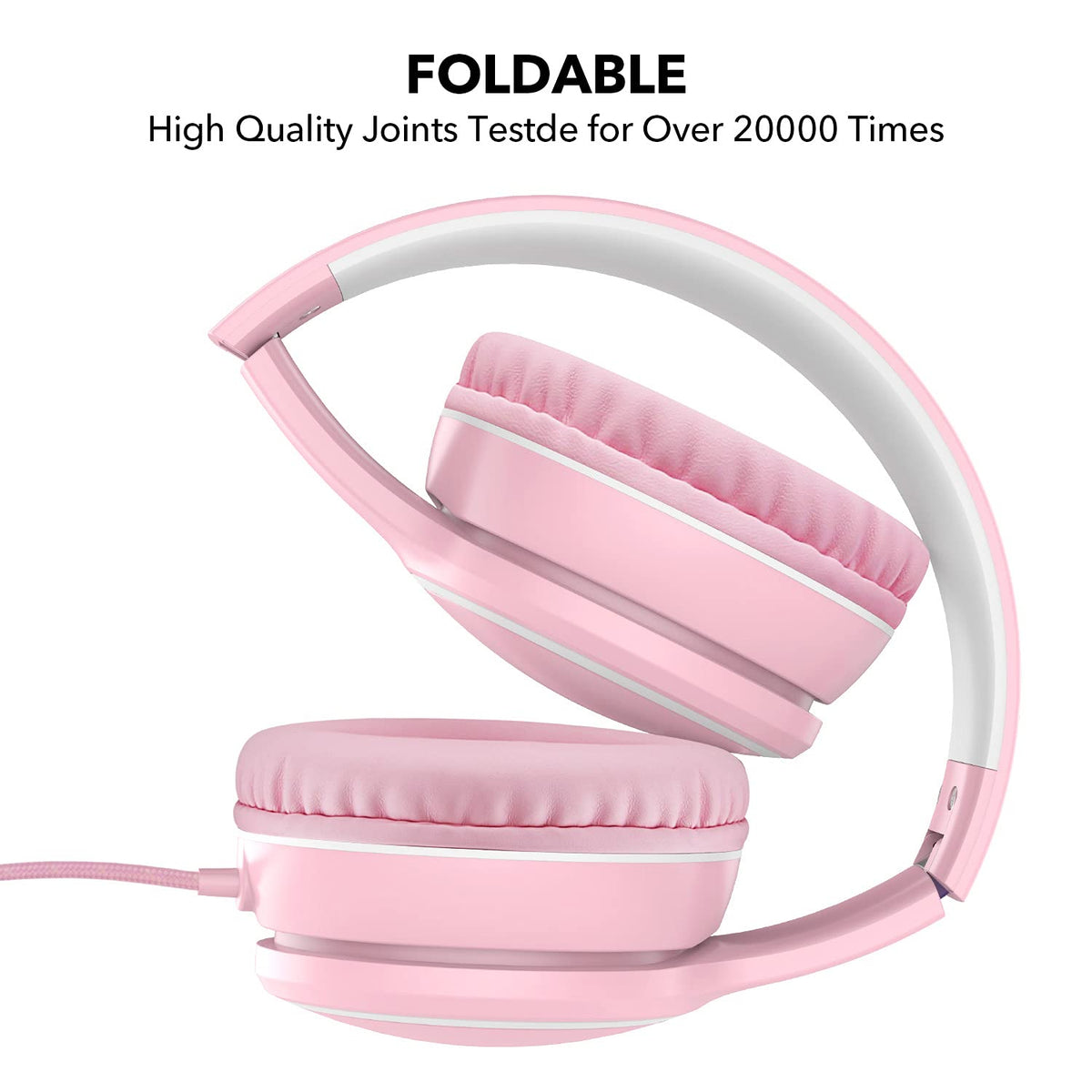 RORSOU R10 headphones pink nylon cord highlights tangle-free length for easy on-the-go use.