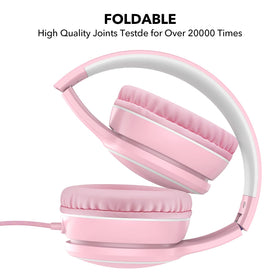 RORSOU R10 headphones pink nylon cord highlights tangle-free length for easy on-the-go use.