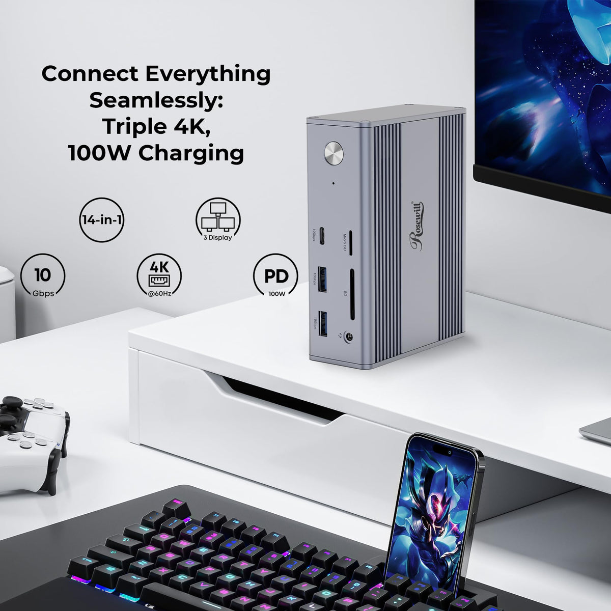 Rosewill dock in use with triple monitors showing expanded desktop productivity