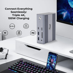Rosewill dock in use with triple monitors showing expanded desktop productivity