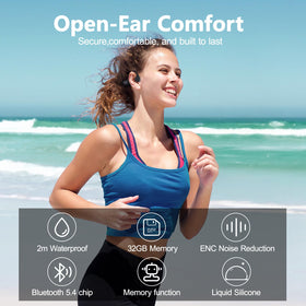 Roujune label showing 32GB MP3 storage, useful for phone-free swims