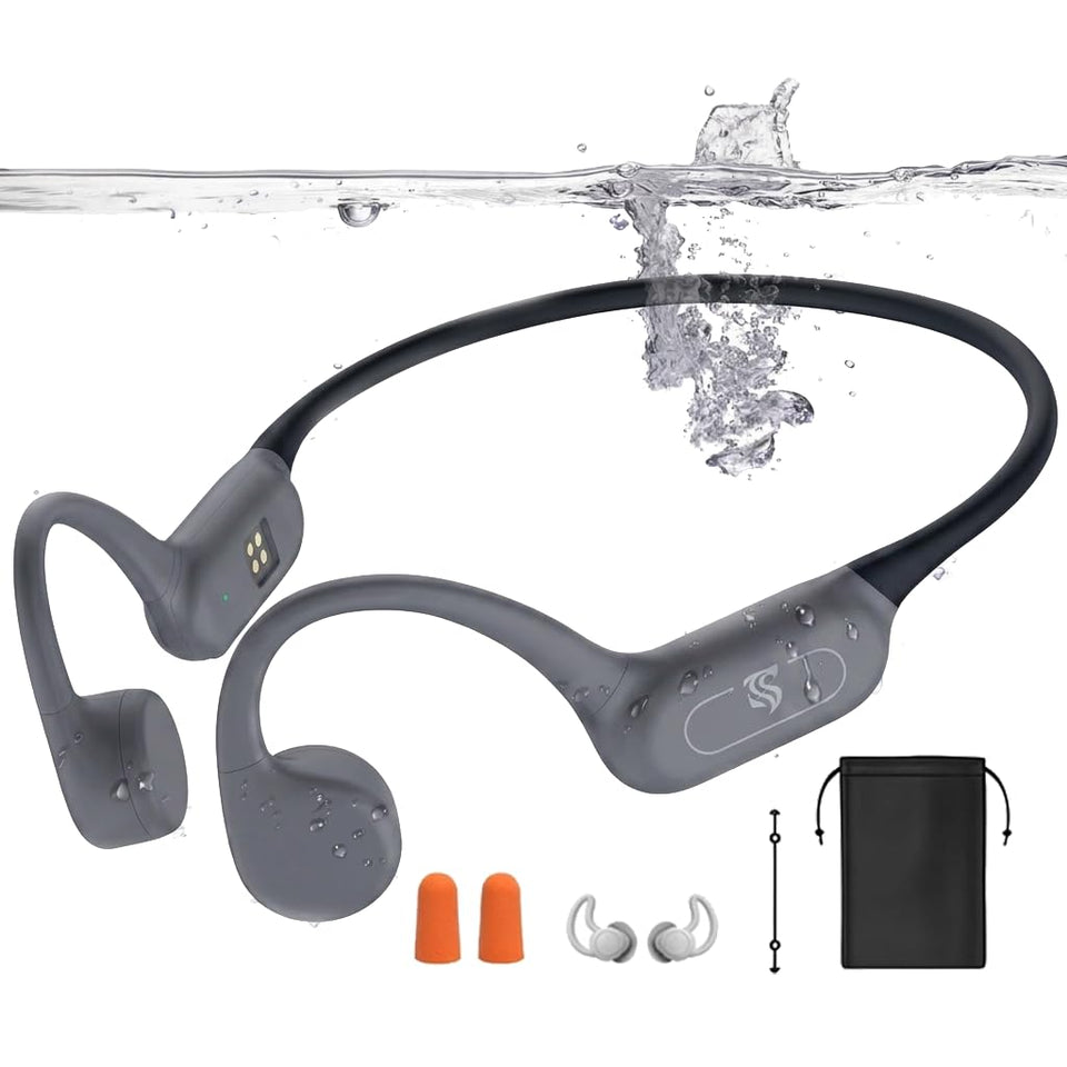 Roujune front view showing gray headphones and packaging, highlights durability