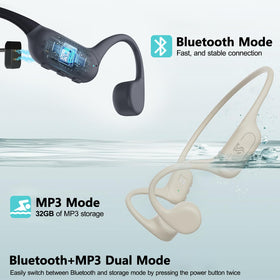 Roujune headphones in pool while swimmer uses MP3 mode for uninterrupted audio