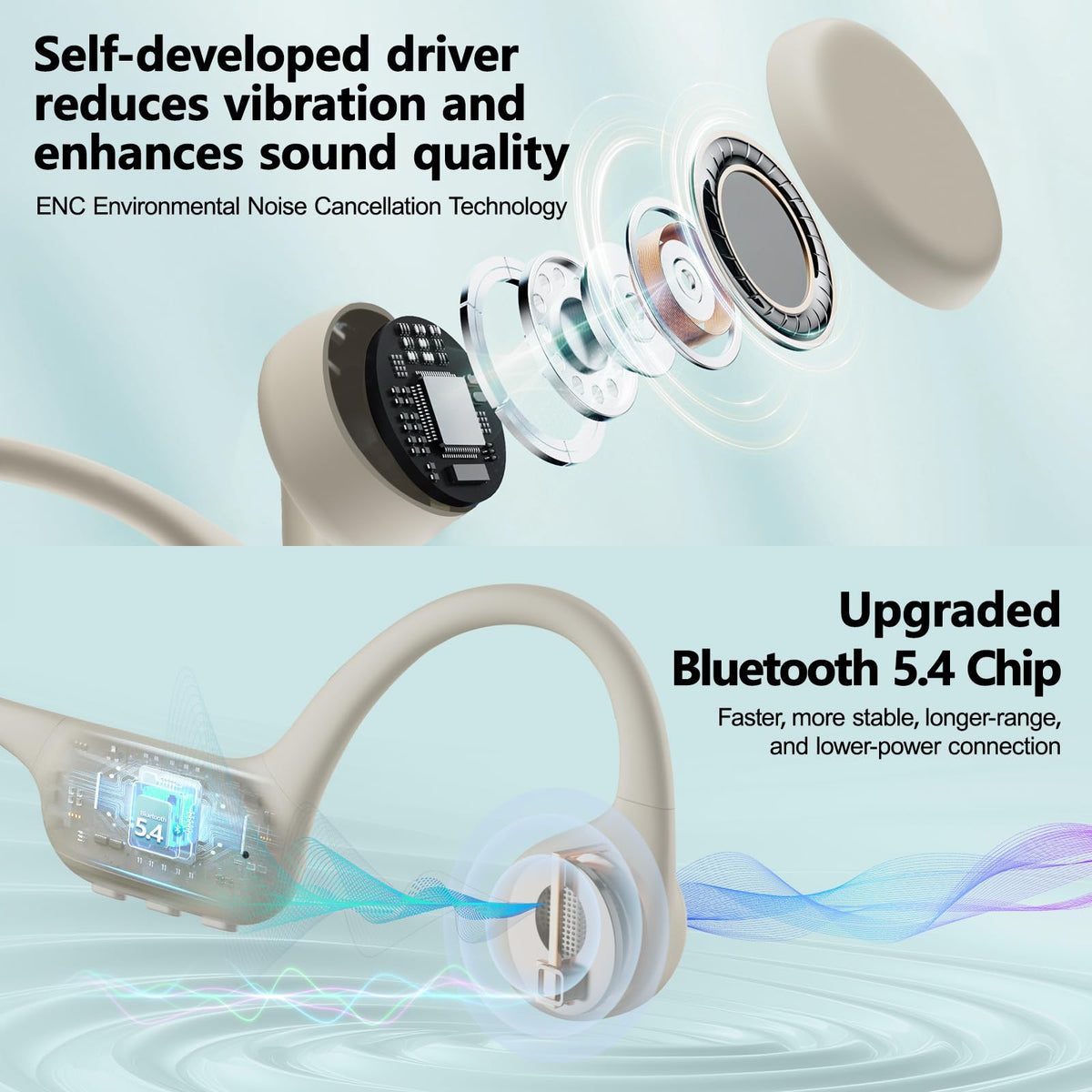 Roujune open-ear fit beside ear showing secure, awareness-friendly design