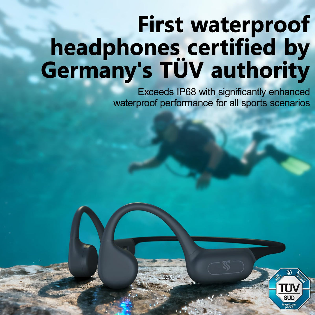 Roujune open-ear profile on swimmer, keeps ears free for safety