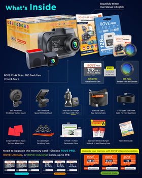 ROVE R2-4K Dual PRO includes 128GB card for extended 4K recording