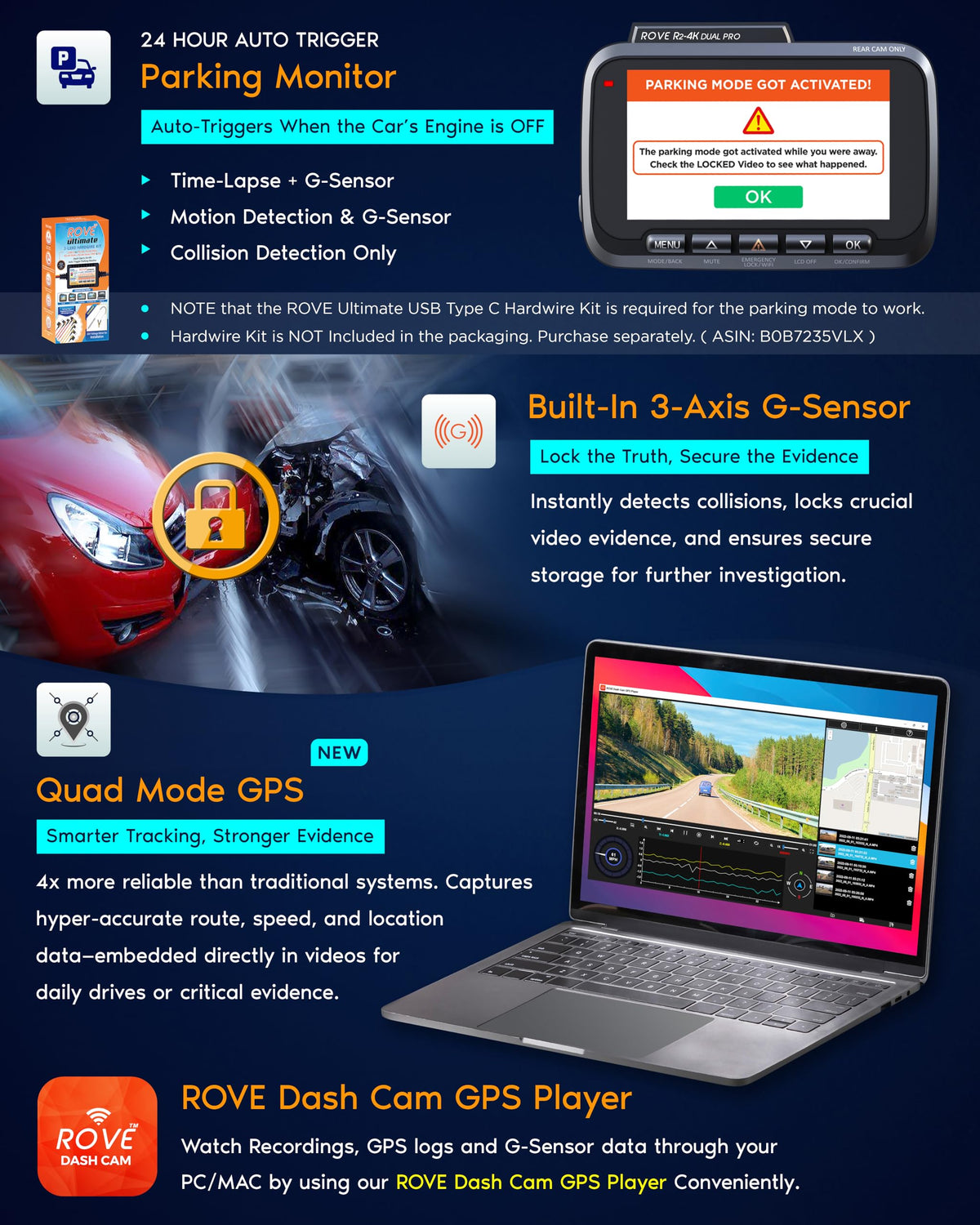 ROVE R2-4K Dual PRO 24-hour parking mode with motion and collision alerts