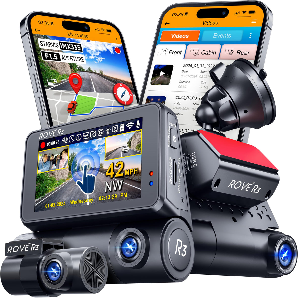 ROVE R3 front camera for high‑definition road footage and evidence.
