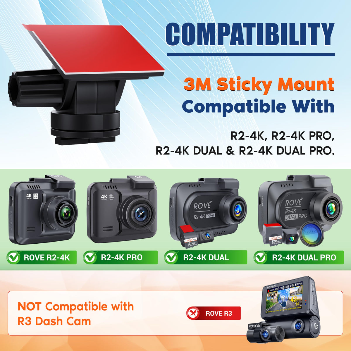 ROVE Sticky Mount rotates 360 degrees for precise dash cam framing