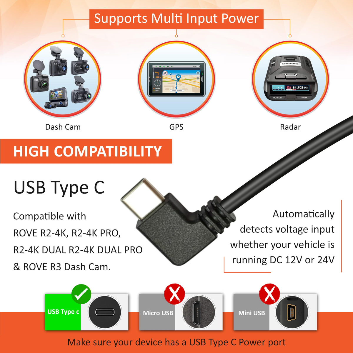 ROVE USB-C output cable ready for R2 or R3 dash cams ensuring constant power