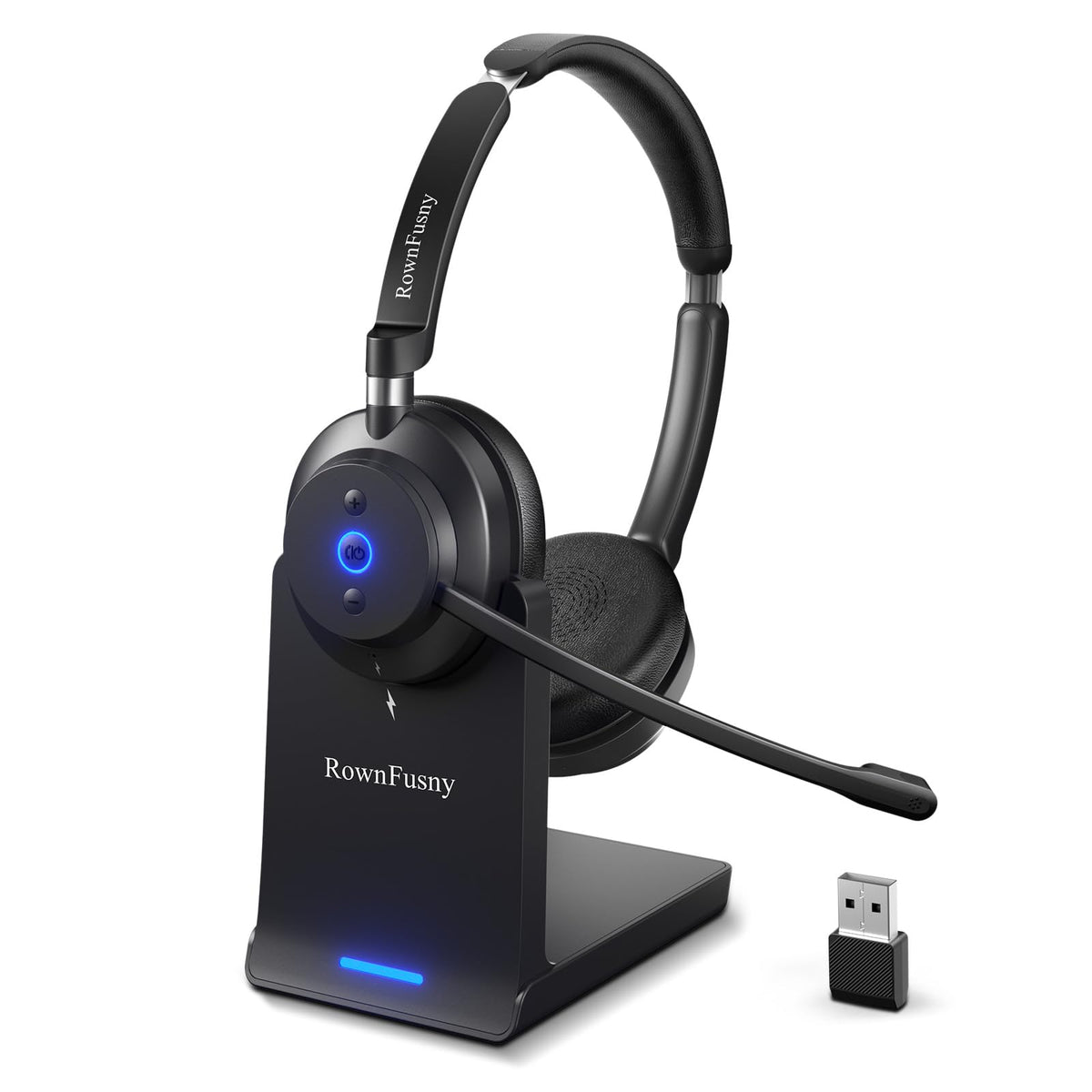 Rownfusny headset front view showing controls and clean design for easy use