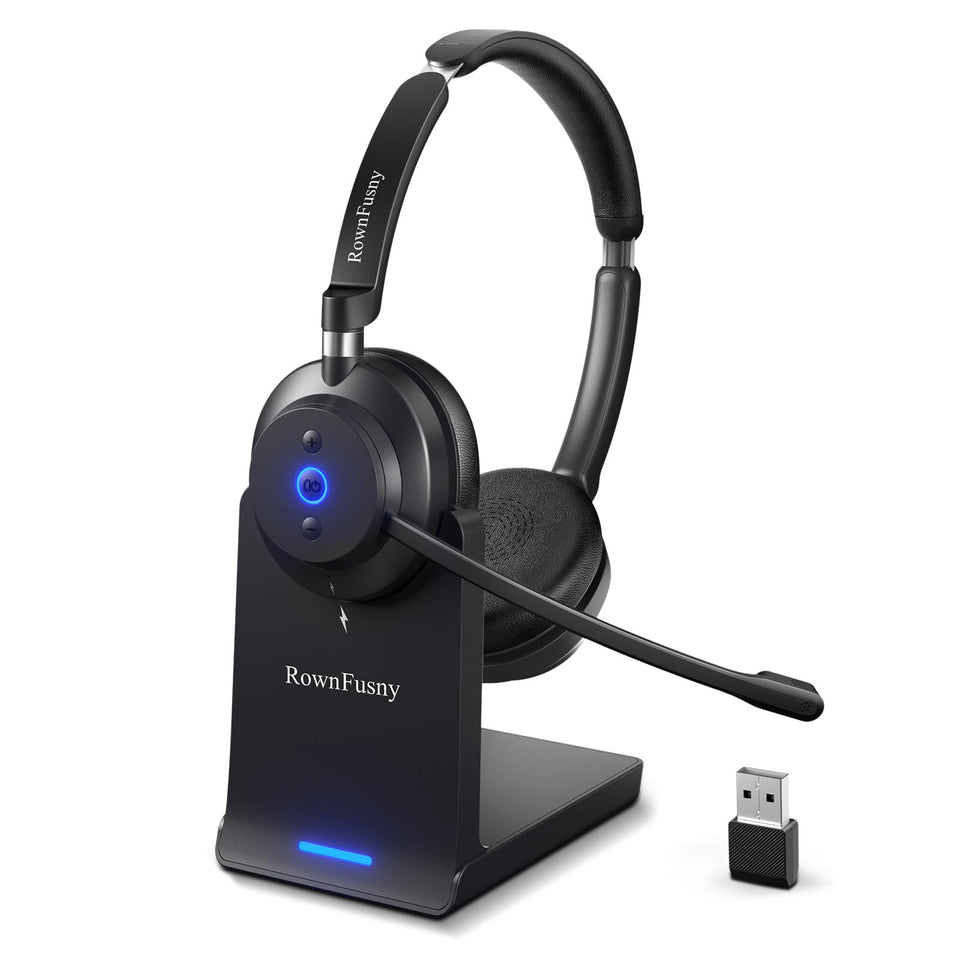 Rownfusny headset front view showing controls and clean design for easy use