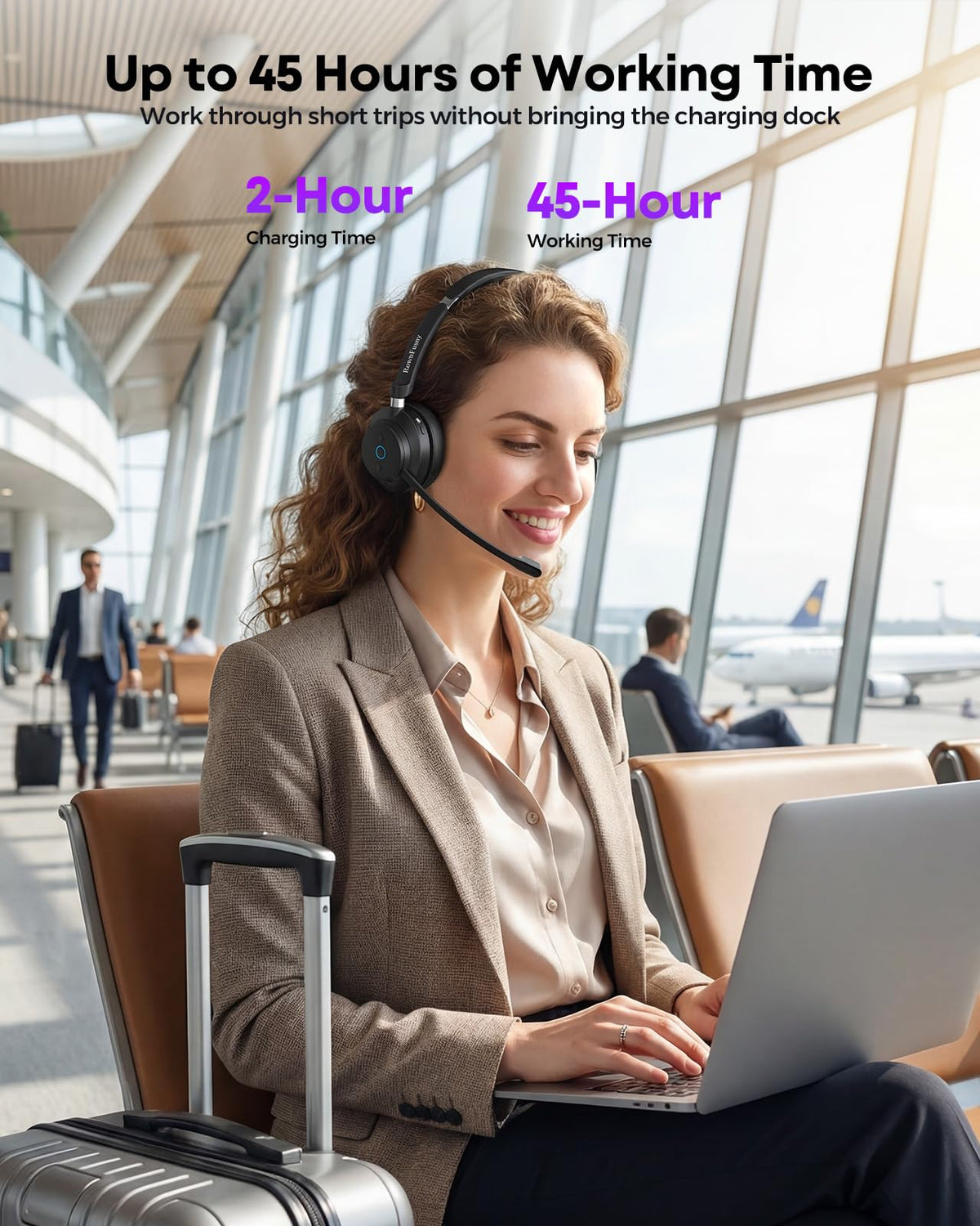 Rownfusny headset worn by user illustrating lightweight fatigue reduction