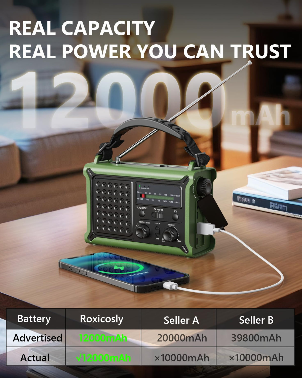Roxicosly real 12000mAh battery with USB ports to charge phones