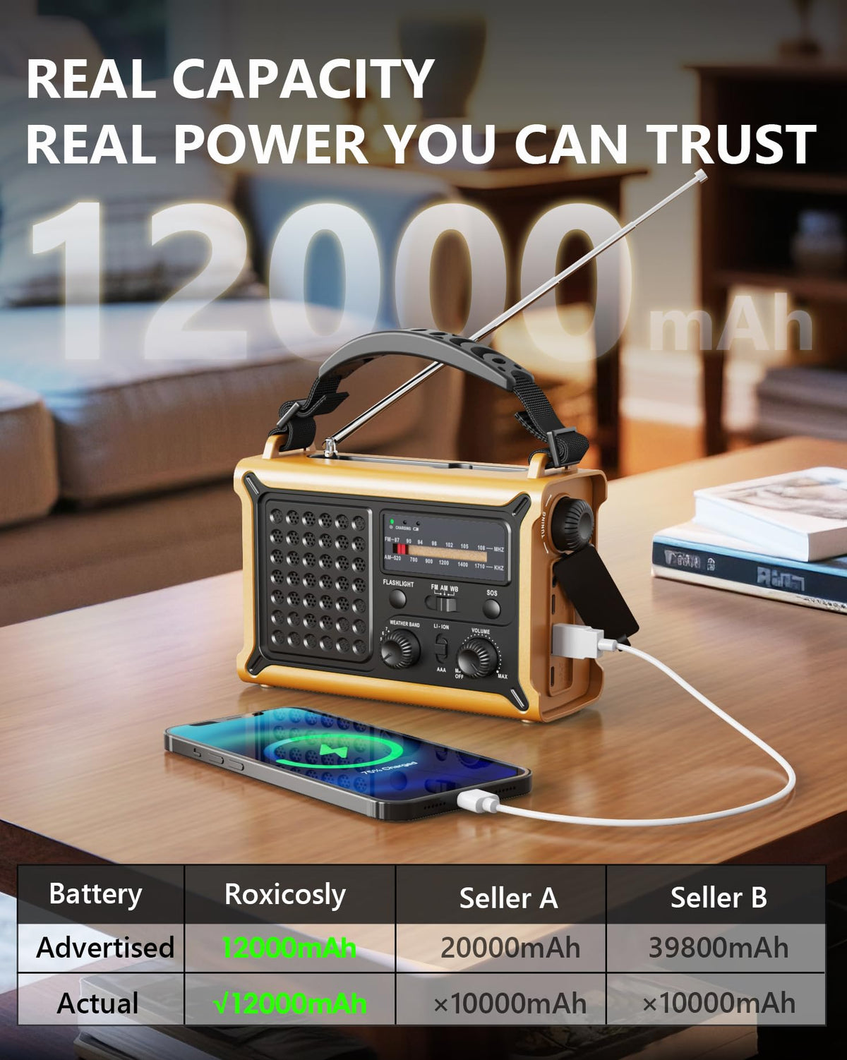 Roxicosly labeled battery and ports showing 12000mAh capacity and charging options