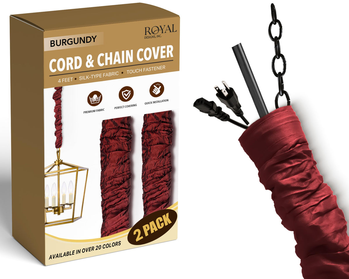Royal Designs front view of burgundy 4ft cord cover showing twin pack benefit
