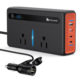 RoyPow front panel showing AC outlets and USB ports for versatile charging