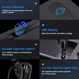 RoyPow inverter plugged into car dashboard for on-road device power
