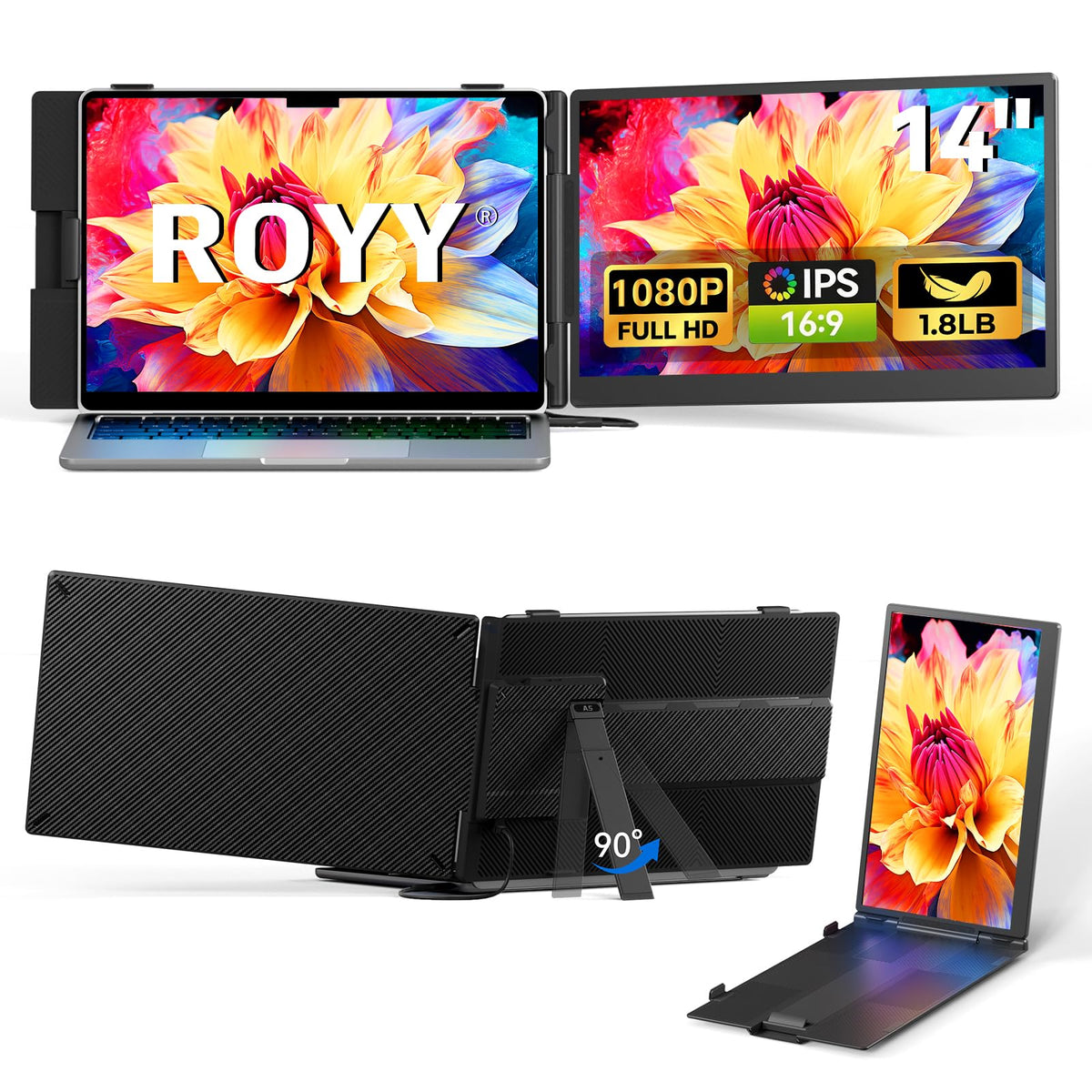 ROYY 14.2 inch laptop screen extender front view highlighting portable design for travel