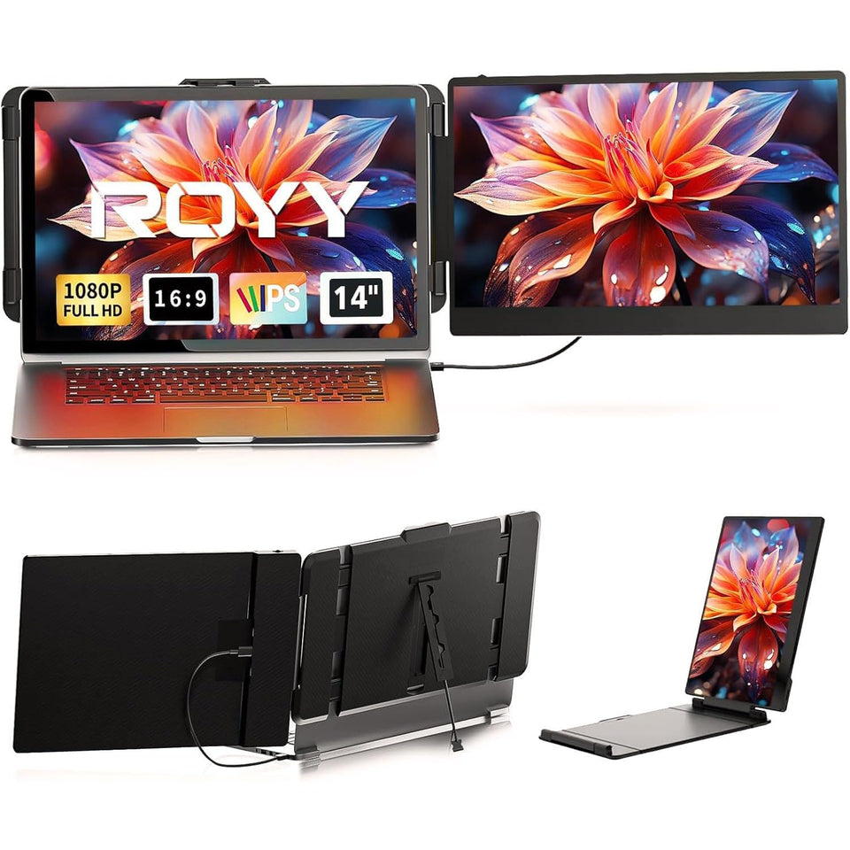 ROYY laptop screen extender 14-inch FHD display for clearer multitasking.