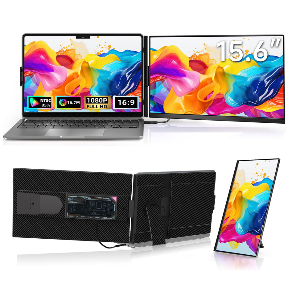 ROYY laptop screen extender angled view shows expanded workspace on the go