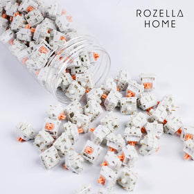 ROZELLA HOME 100 switches beside ruler showing pack count and scale for full keyboard replacement