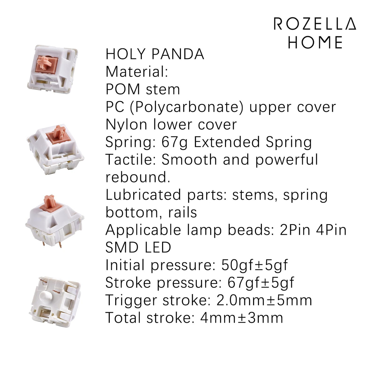 ROZELLA HOME stainless steel extended spring detail highlighting 67g force and stable rebound