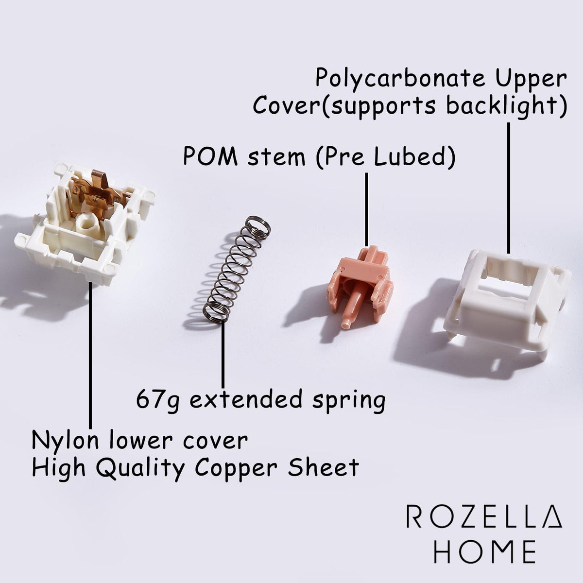 ROZELLA HOME close-up of POM stem and pre-lubrication showing smoother key travel