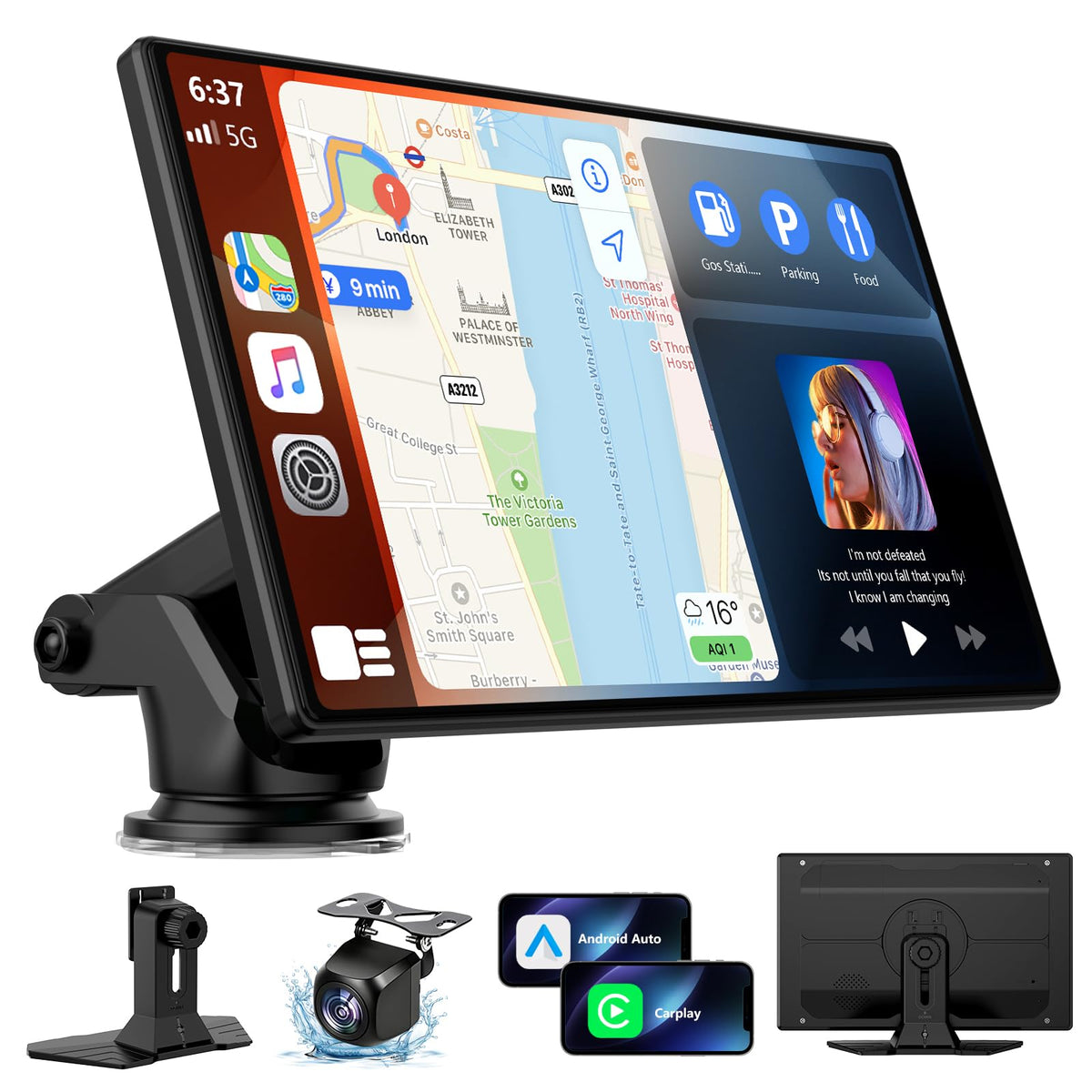 RQO 9-inch CarPlay screen front view with wireless connectivity for safer driving.