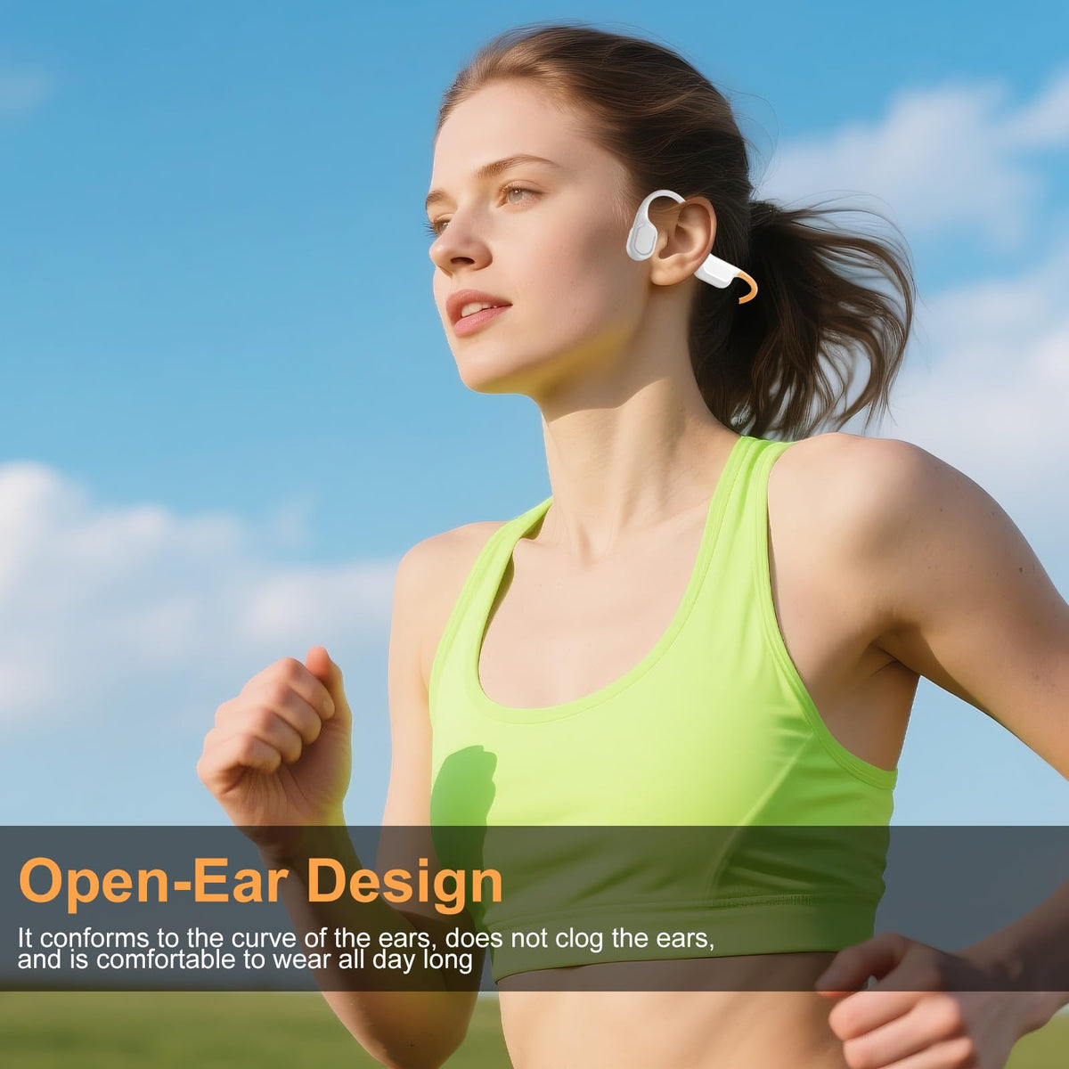 RR SPORTS worn while swimming to show IP68 waterproof playback and secure fit