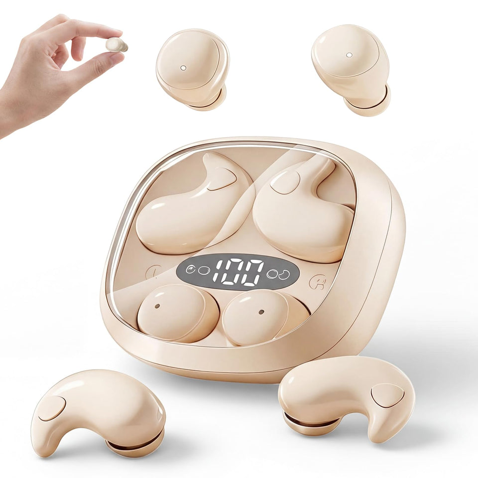 RRLLRJ front packaging showing beige earbuds and compact case, comfortable overnight fit