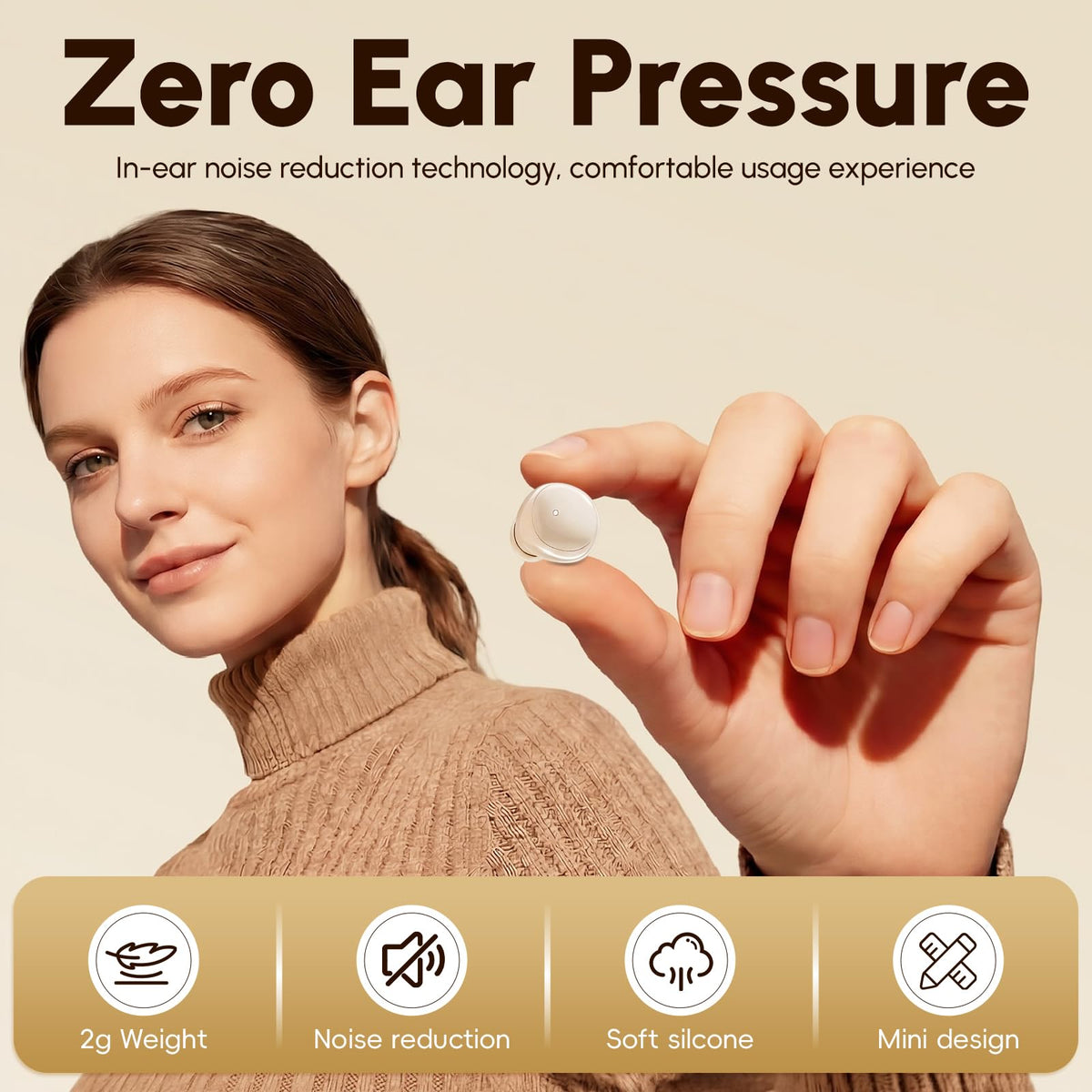 Person wearing RRLLRJ earbuds on side while sleeping, secure non-slip comfort