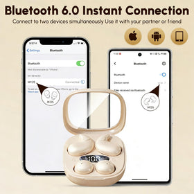 Traveler wearing RRLLRJ earbuds with neck pillow, discreet sleep audio on the go