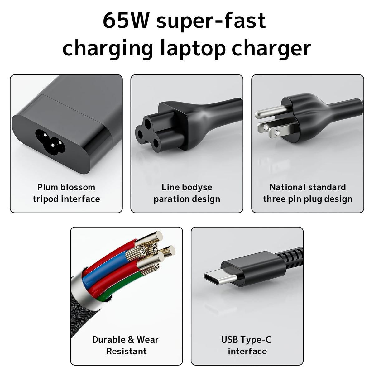 RTESRU 65W USB-C adapter with attached cable enables fast, portable charging.