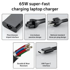 RTESRU 65W USB-C adapter with attached cable enables fast, portable charging.