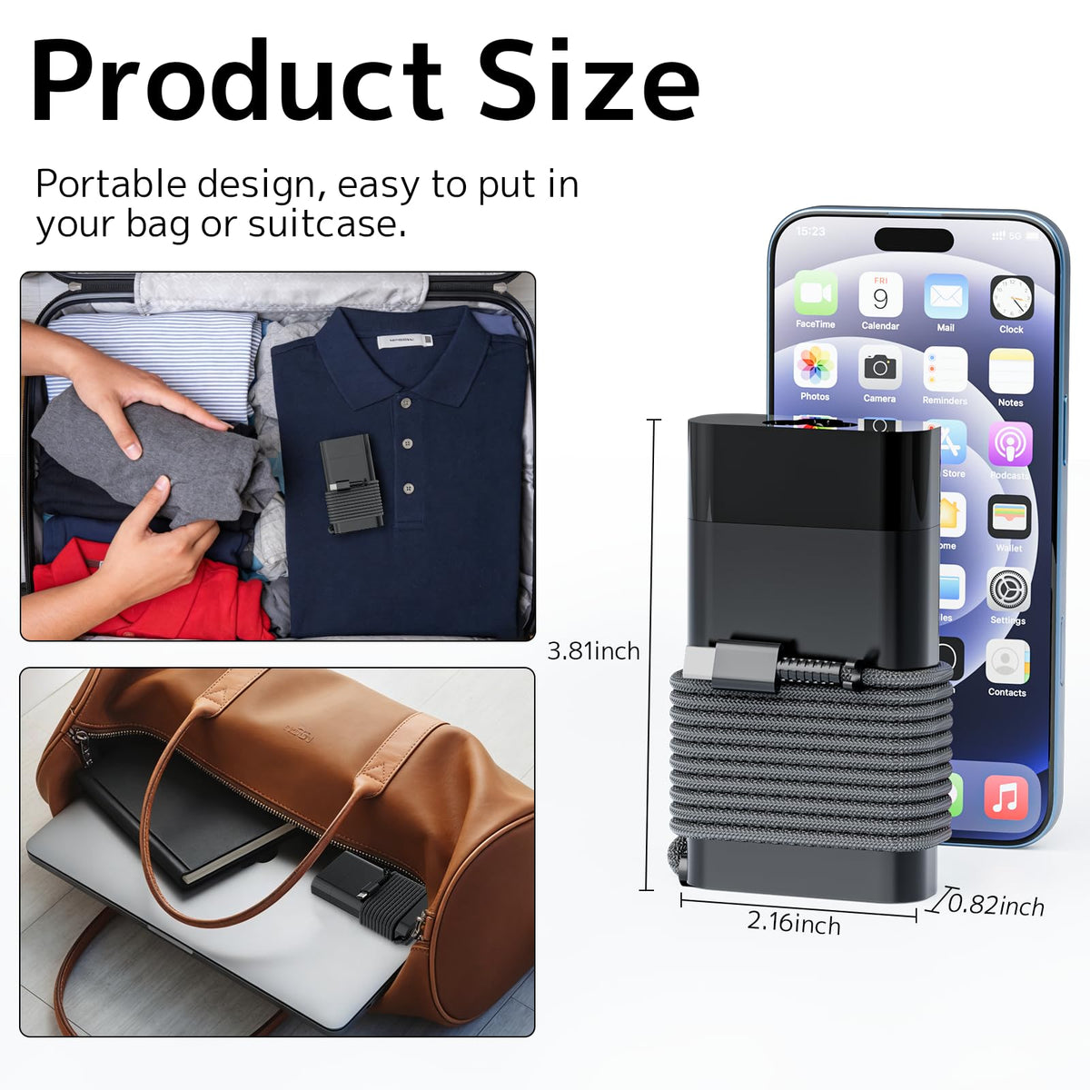 RTESRU 65W USB-C adapter compact design fits easily in a bag.