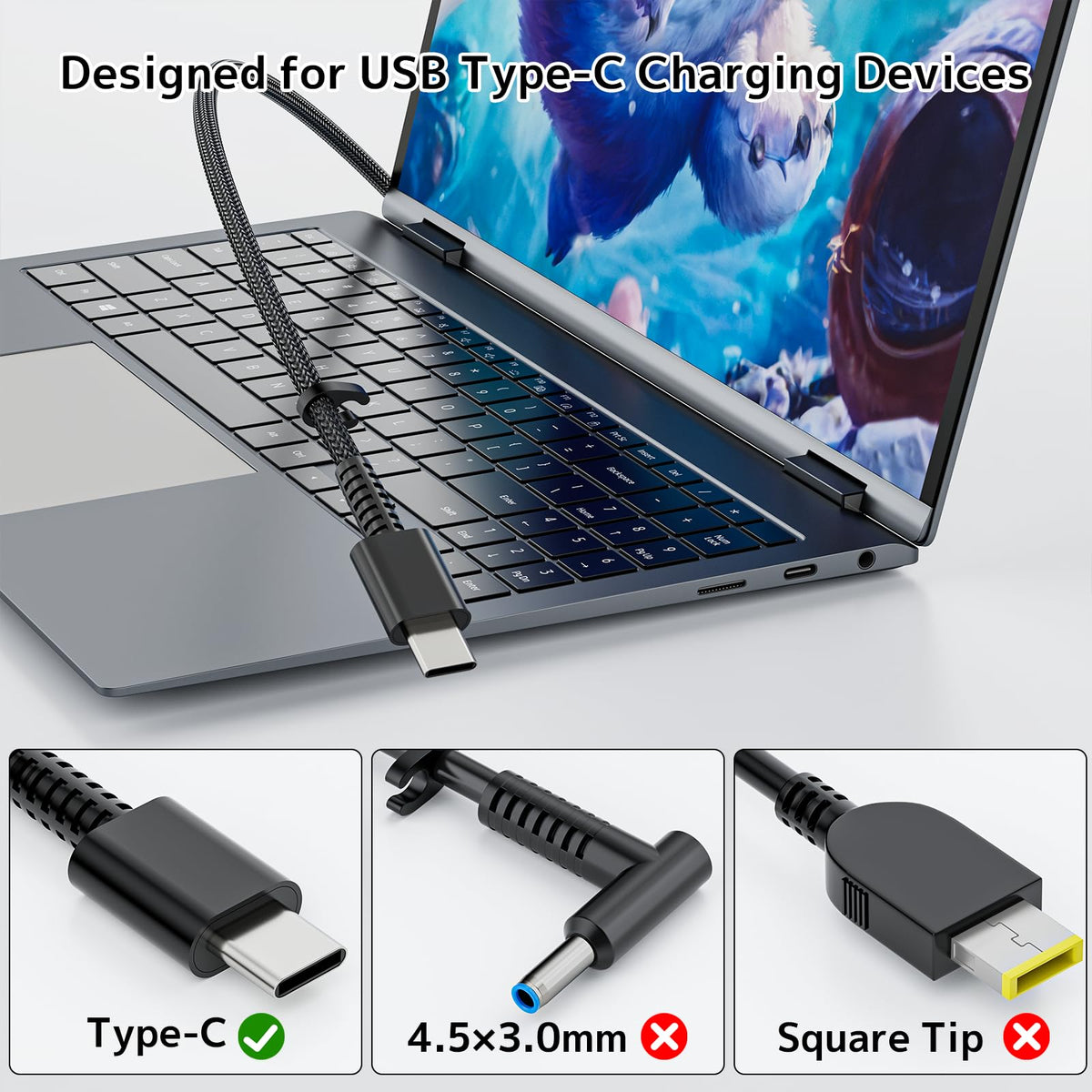 RTESRU 65W USB-C adapter side ports for convenient multi-device charging.