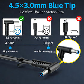 RTESRU blue-tip close-up showing 4.5x5.0mm connector for correct HP laptop fit