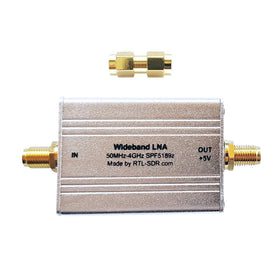 RTL-SDR Blog Wideband LNA, front view, bias tee powered for wideband reception.