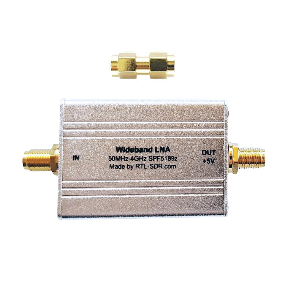 RTL-SDR Blog Wideband LNA, front view, bias tee powered for wideband reception.