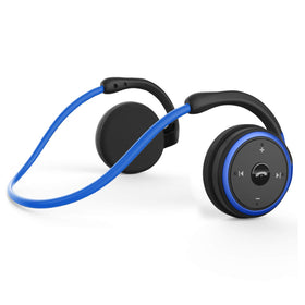 RTUSIA front view blue wrap headphones showing sleek profile and stable fit