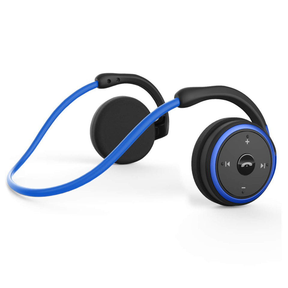 RTUSIA front view blue wrap headphones showing sleek profile and stable fit
