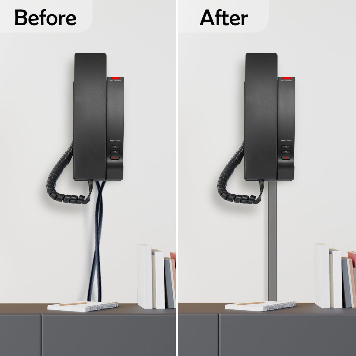 Rubber Bond cord hider blends with wall surfaces in white or grey.