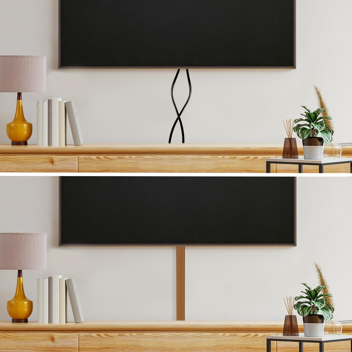 RUBBER BOND installed behind wall-mounted TV creating a clean, organized setup