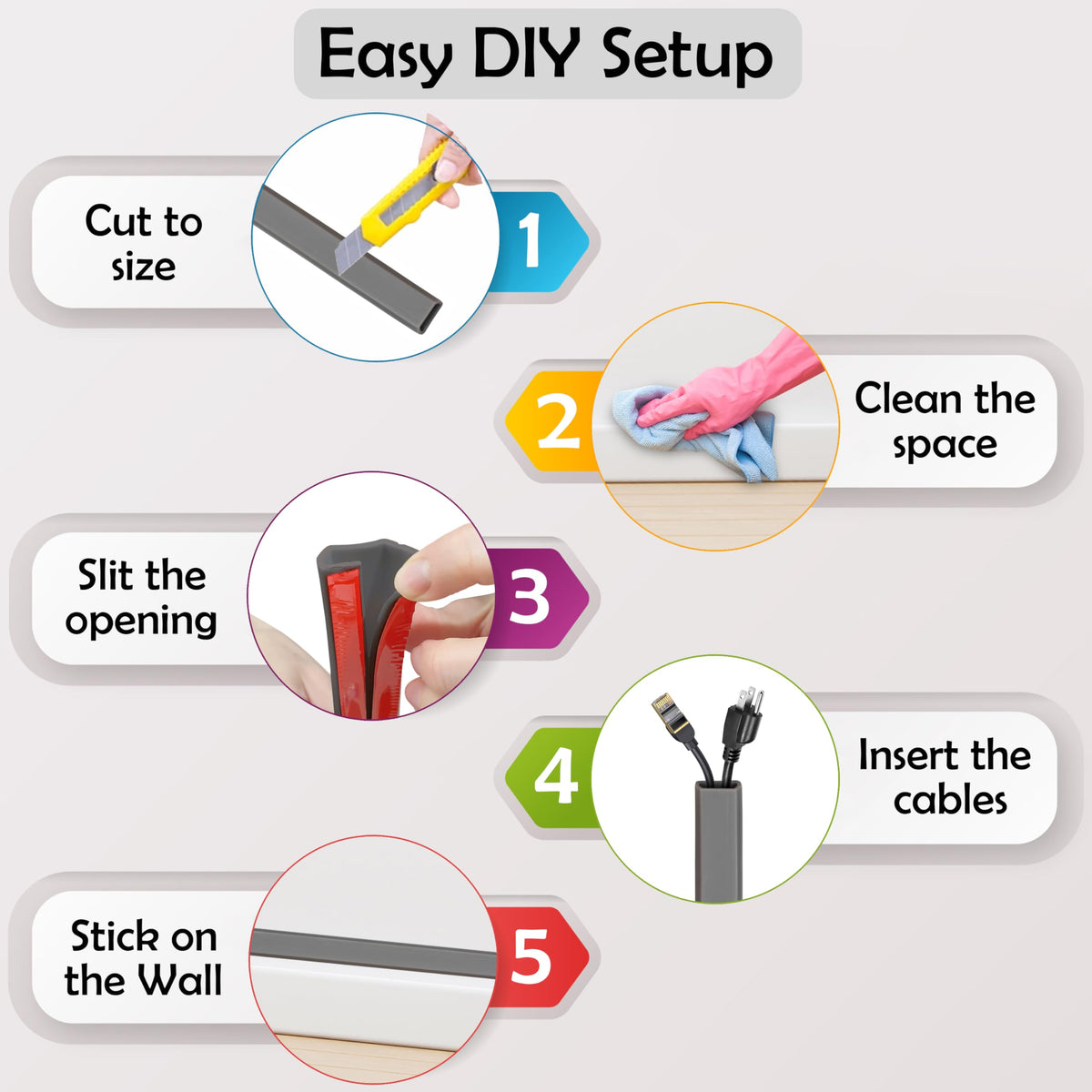 Rubber Bond wall cable organizer keeps cords tidy and protected.