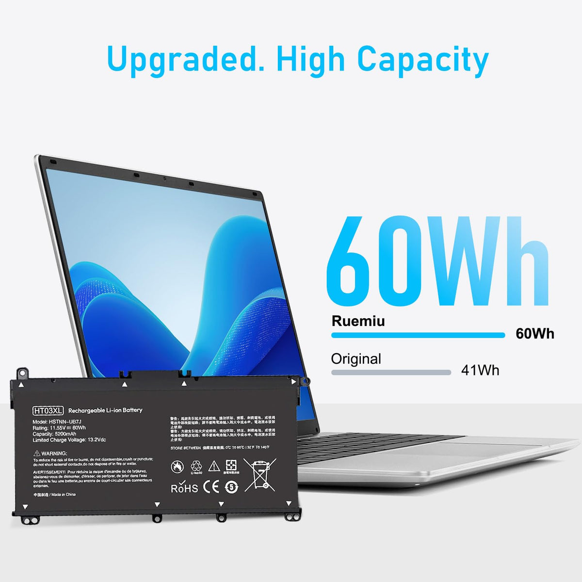 RUEMIU HT03XL battery back view showing secure fit for HP Pavilion